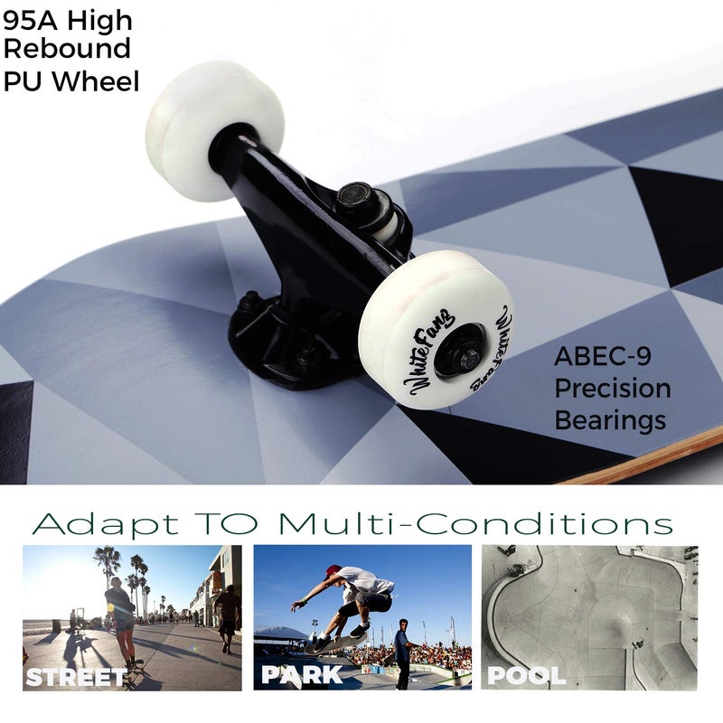 WhiteFang Skateboards, Complete Skateboard 31 x 7.88, 7 Layer Canadian Maple Double Kick Concave Standard and Tricks for Kids and Beginners (Diamond) - Image 4